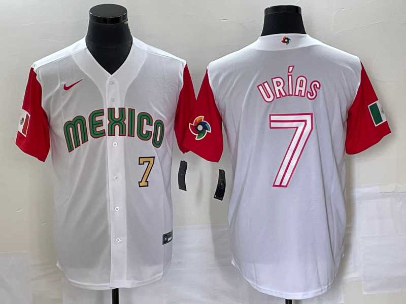 Men%27s Mexico Baseball #7 Julio Urias Number 2023 White Red World Classic Stitched Jersey 43->2023 world baseball classic->MLB Jersey